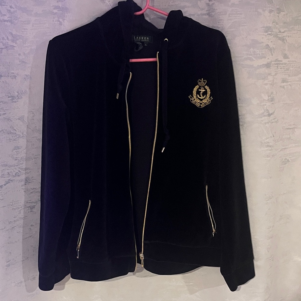Lauren Ralph Lauren Black Velvet Bomber Jacket with Gold Accents